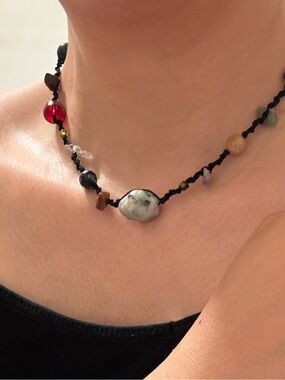 Handmade Multistone Beaded Necklace - Black Cord